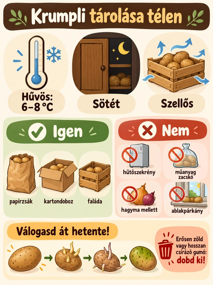 A téli krumplitárolás alapjai: hűvös, 6–8 °C-os, sötét és szellős hely; megfelelő tárolók és kerülendő helyek, heti átválogatással.