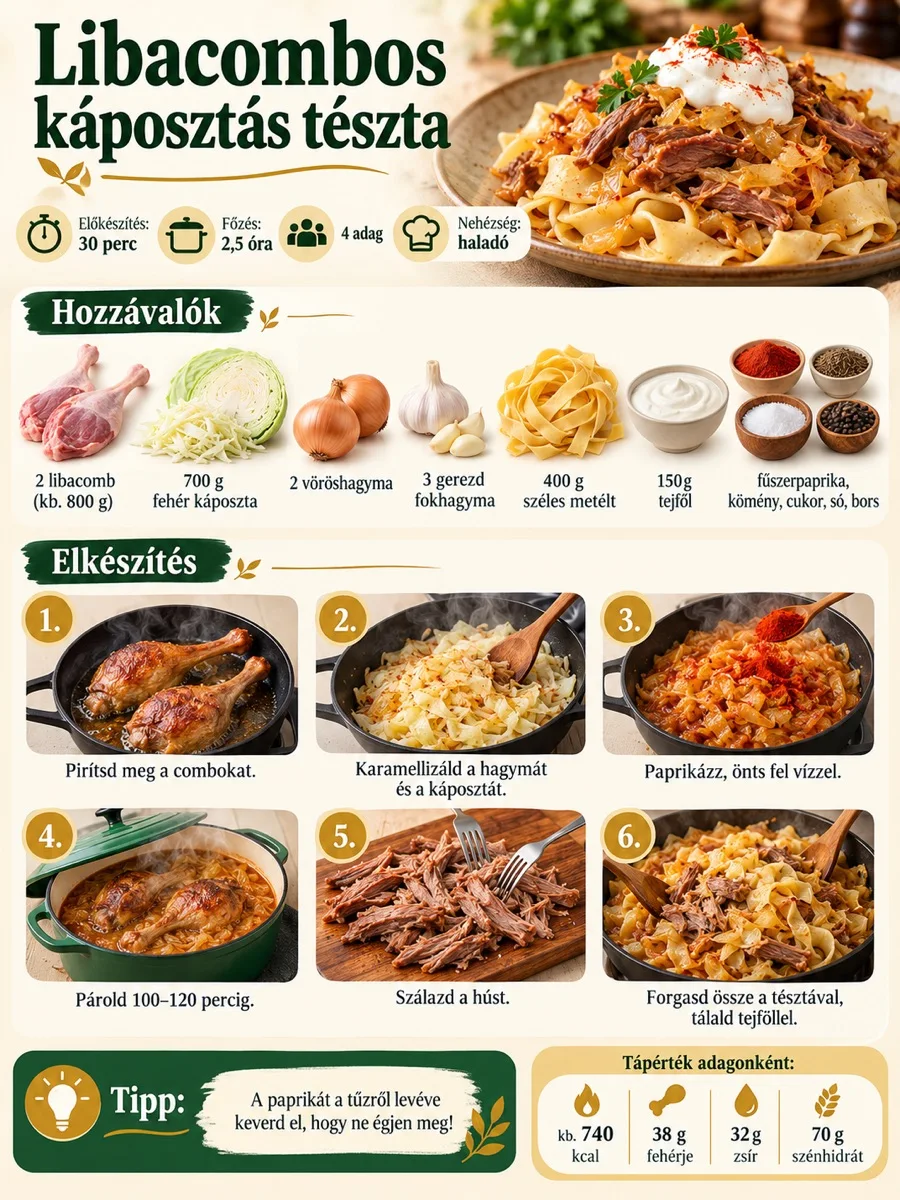 Libacombos káposztás tészta infografika a hozzávalókkal, a hús párolásának, szálazásának és a tésztával való összeforgatásának lépéseivel.