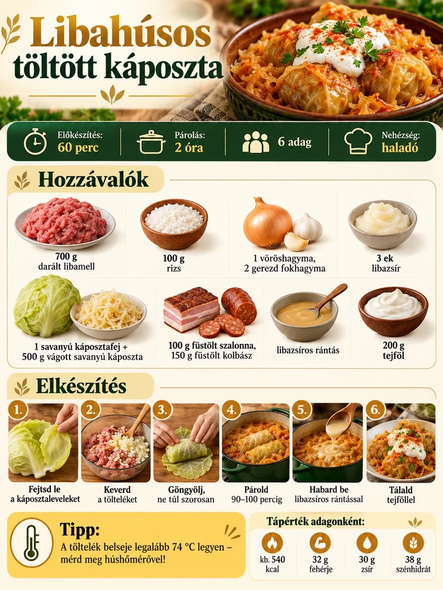 Libahúsos töltött káposzta infografika hozzávalókkal, göngyölési és párolási lépésekkel, valamint legalább 74 °C-os töltelékhőmérséklettel.
