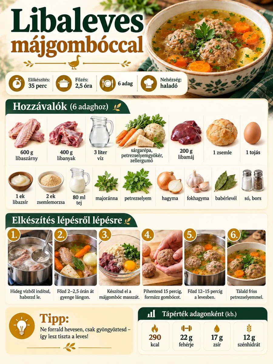 Libaleves májgombóccal receptinfografika hat adaghoz, hozzávalókkal, 2–2,5 órás alapléfőzéssel és a májgombóc elkészítésével.