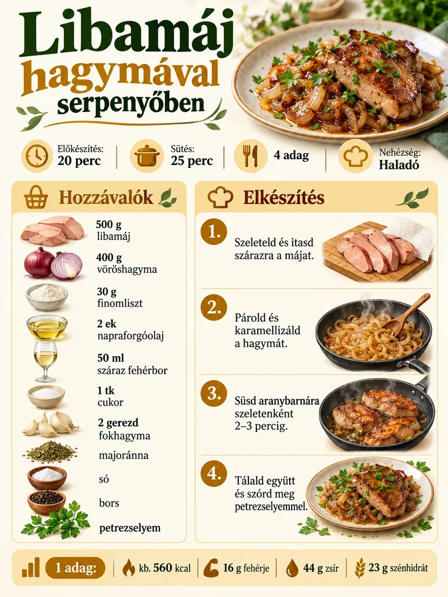 Libamáj hagymával serpenyőben infografika a fő hozzávalókkal, az elkészítés lépéseivel, sütési időkkel és adagonkénti tápértékkel.