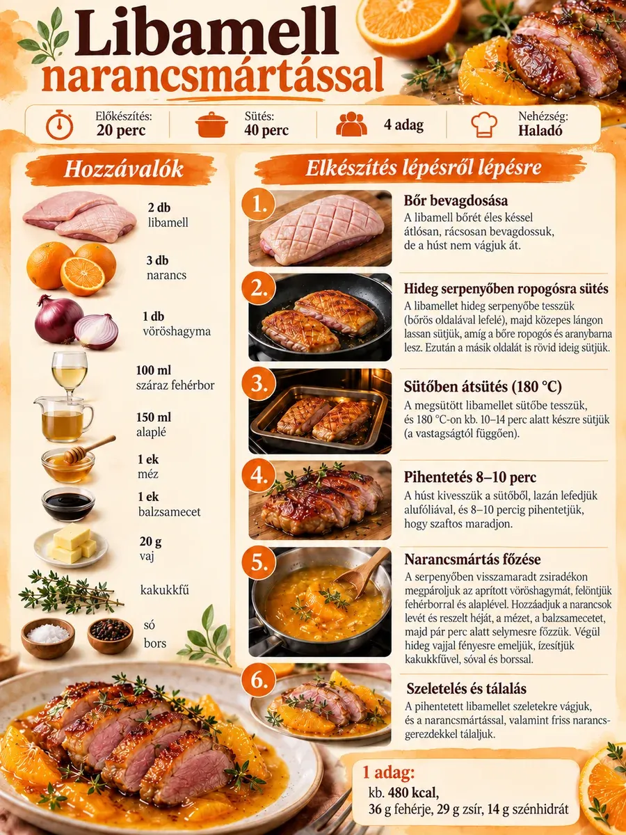 Libamell narancsmártással infografika a fő hozzávalókkal, az elkészítés lépéseivel, sütési időkkel és adagonkénti tápértékkel.