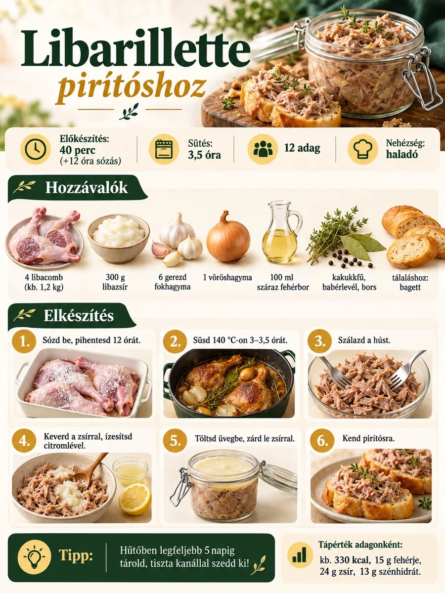 Libarillette infografika a sózás, lassú sütés, hússzálazás, zsírral keverés és hűtött tárolás lépéseivel.