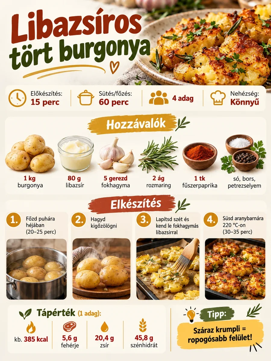 Libazsíros tört burgonya infografika a fő hozzávalókkal, az elkészítés lépéseivel, sütési időkkel és adagonkénti tápértékkel.