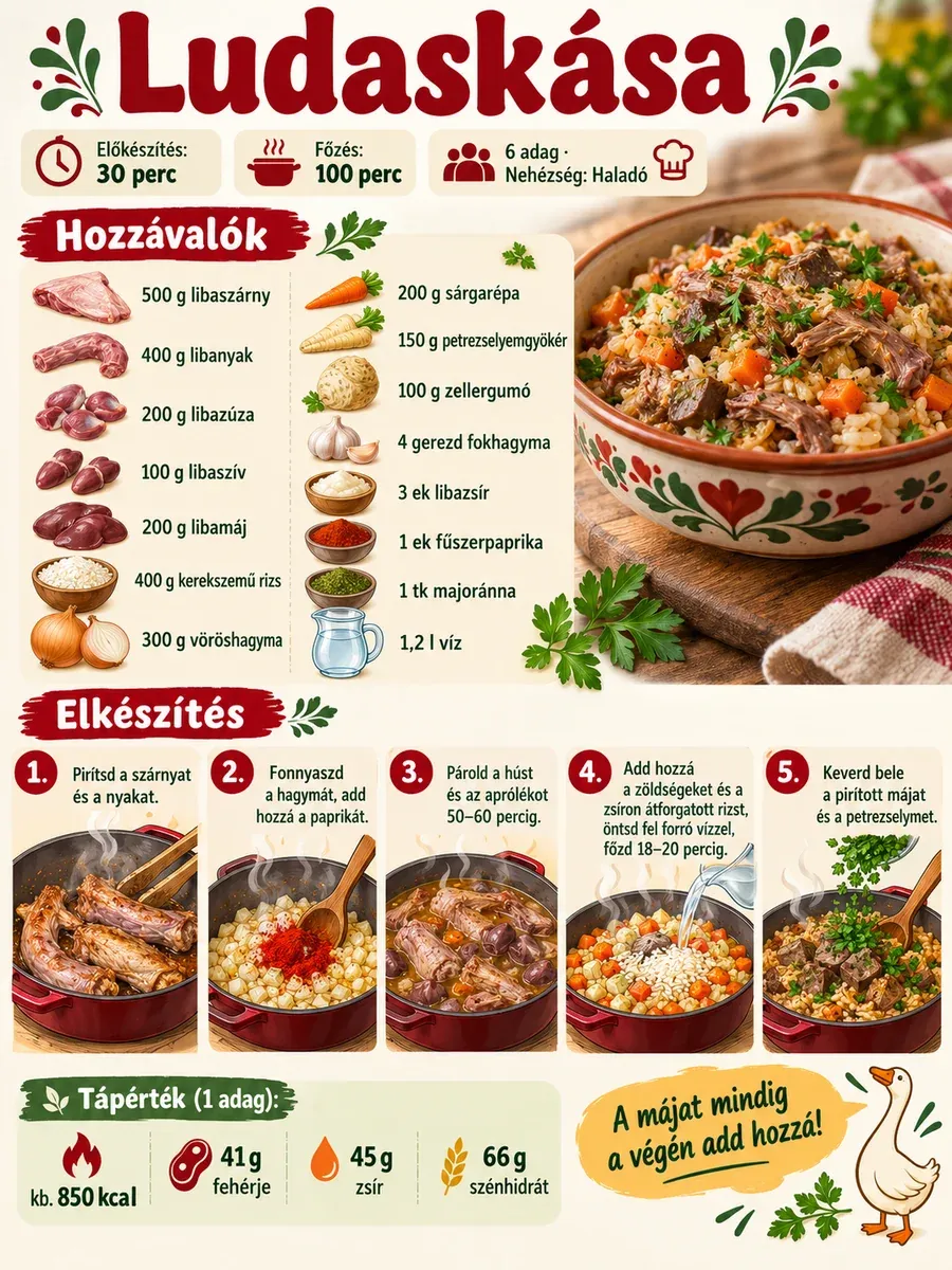 Ludaskása infografika a hozzávalókkal és öt elkészítési lépéssel: 30 perc előkészítés, 100 perc főzés, 6 adag.