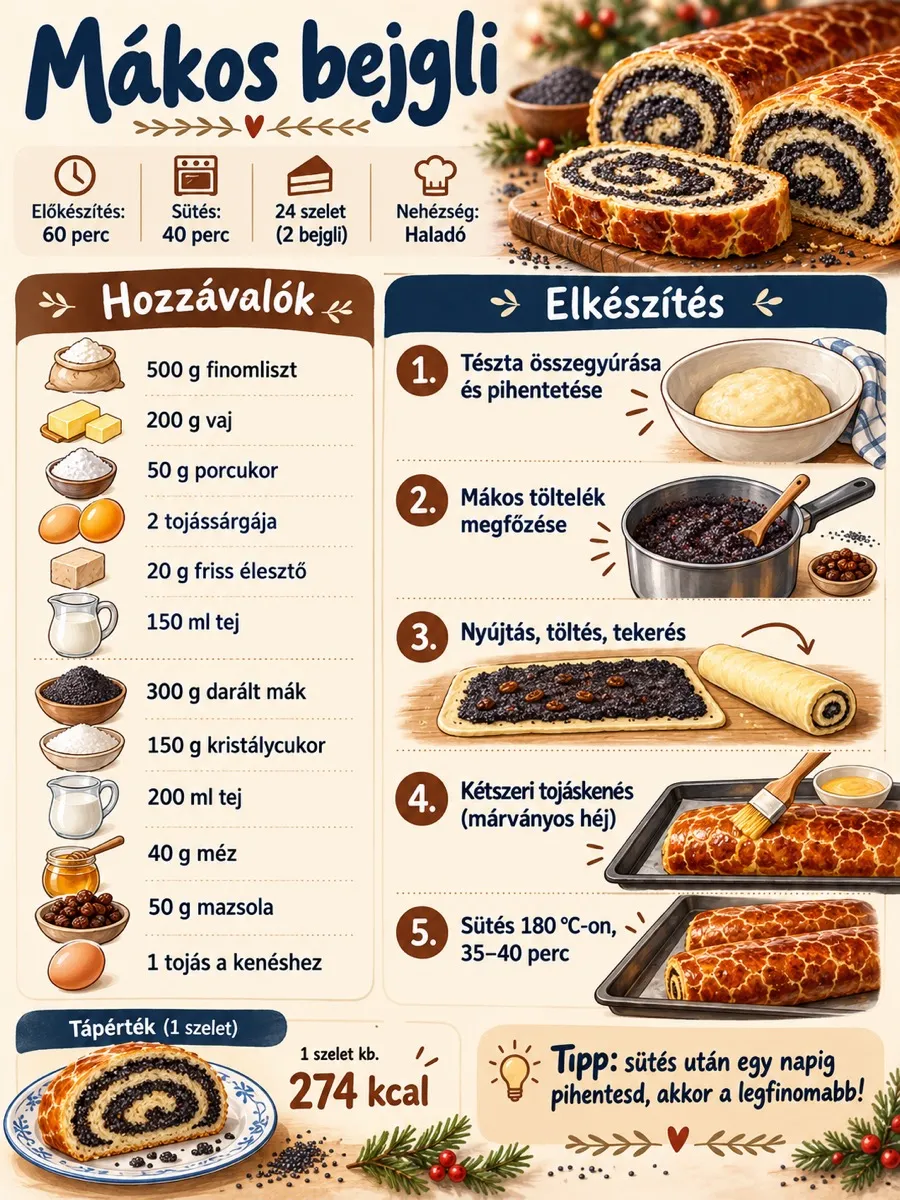 Mákos bejgli receptinfografika: hozzávalók, elkészítési lépések, előkészítési és sütési idő, valamint szeletenkénti tápérték.