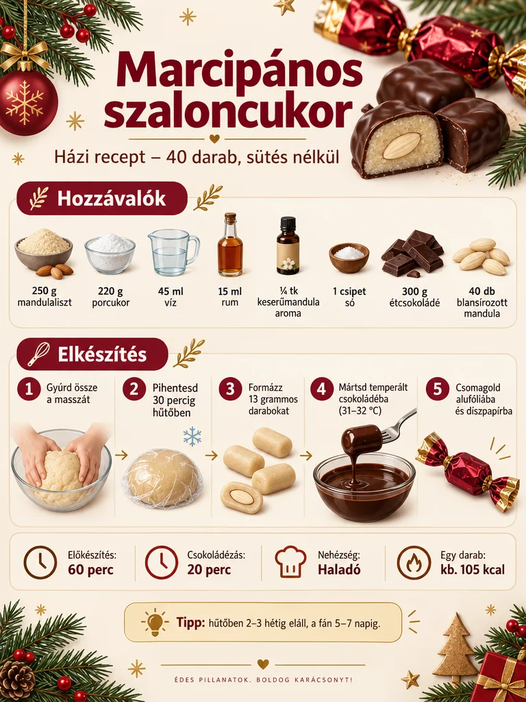 Marcipános szaloncukor receptinfografika: hozzávalók, öt elkészítési lépés, előkészítési és csokoládézási idő, nehézségi szint és darabonkénti kalória.