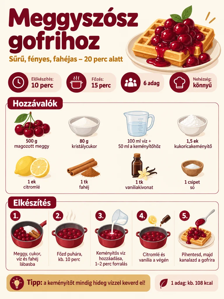 Meggyszósz gofrihoz infografika: hozzávalók, öt elkészítési lépés, 10 perc előkészítés, 15 perc főzés, 6 adag