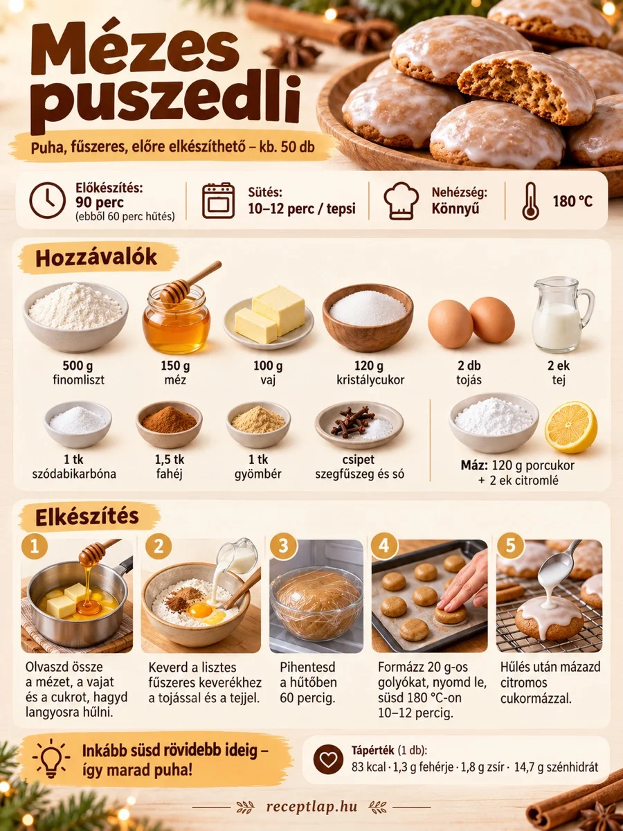 Mézes puszedli receptinfografika a hozzávalókkal, 60 perc hűtéssel, 20 grammos formázással és 180 °C-os sütéssel.