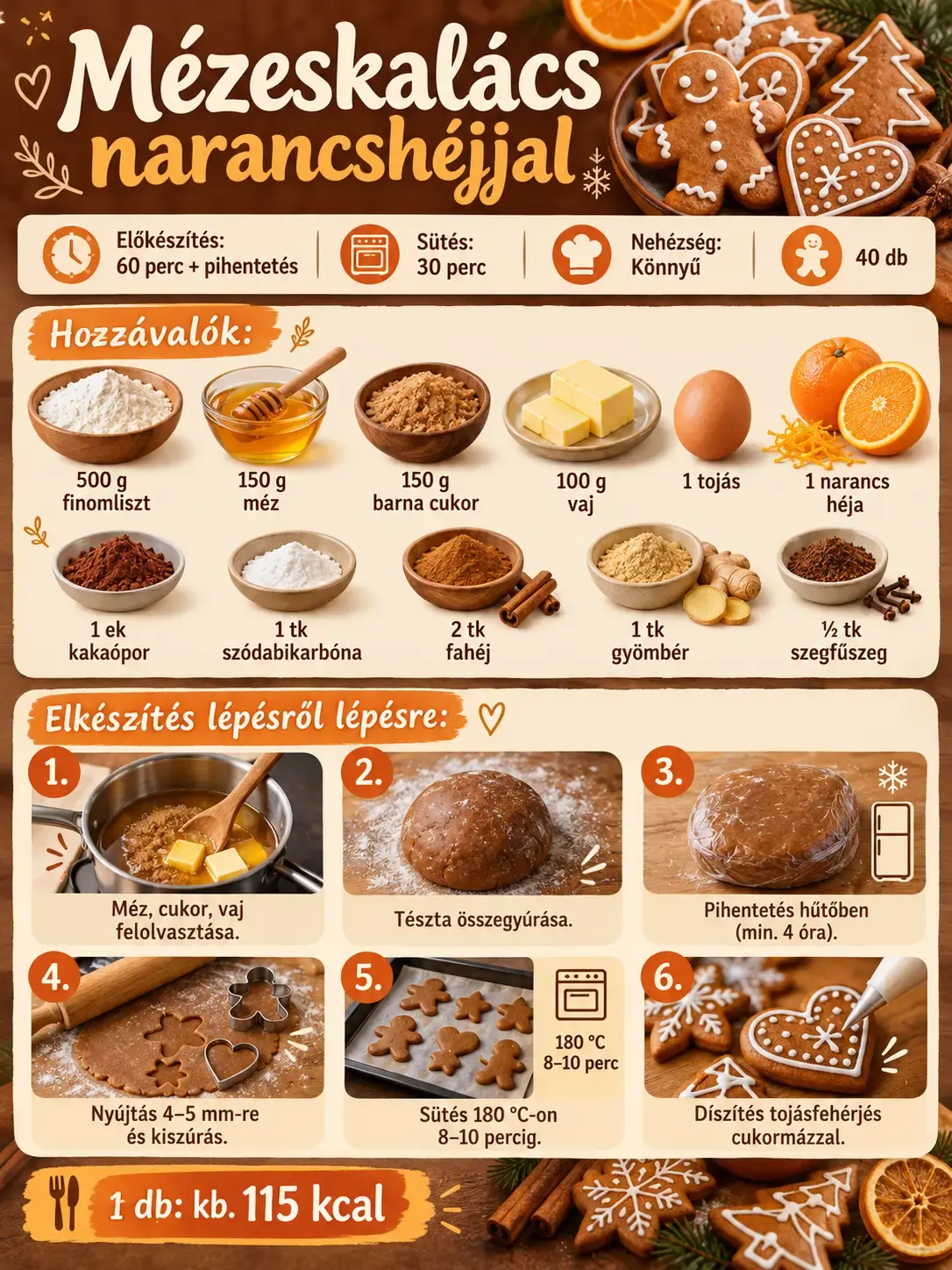 Narancshéjas mézeskalács receptinfografika: hozzávalók, elkészítés, sütési idő és tápérték.