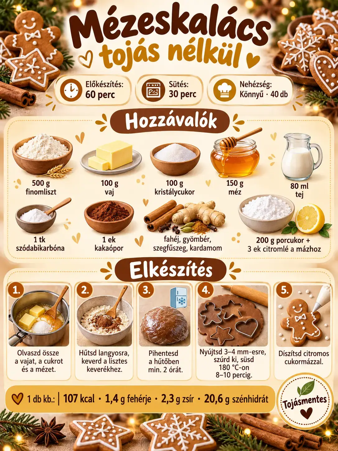 Mézeskalács tojás nélkül – receptinfografika a hozzávalókkal, elkészítési lépésekkel, sütési idővel és tápértékkel.