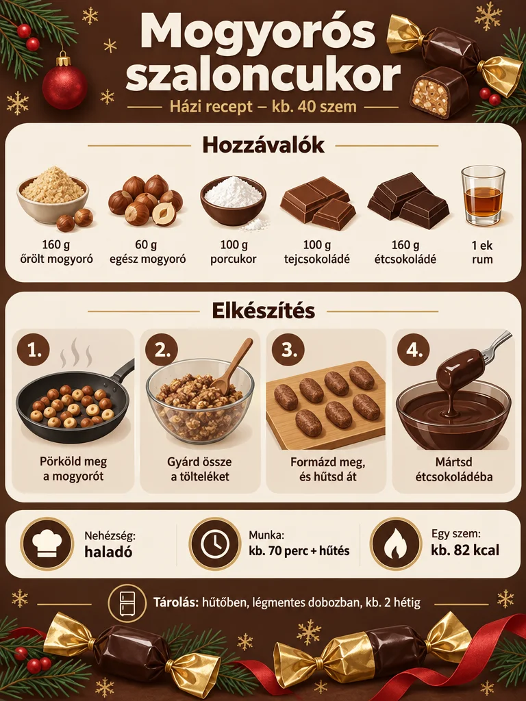 Infografika a házi mogyorós szaloncukorról: hozzávalók, négy elkészítési lépés, nehézség, idő és tápérték