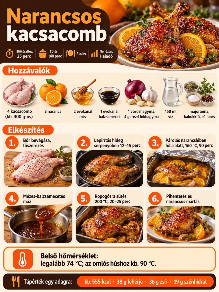 Narancsos kacsacomb receptinfografika a lepirítás, narancslében párolás, mézes máz és ropogósra sütés lépéseivel.