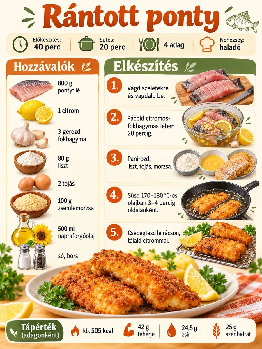 Rántott ponty receptinfografika 4 adagra: hozzávalók, pácolás, panírozás és sütés 170–180 °C-os olajban, az elkészítési időkkel és adagonkénti tápértékkel.