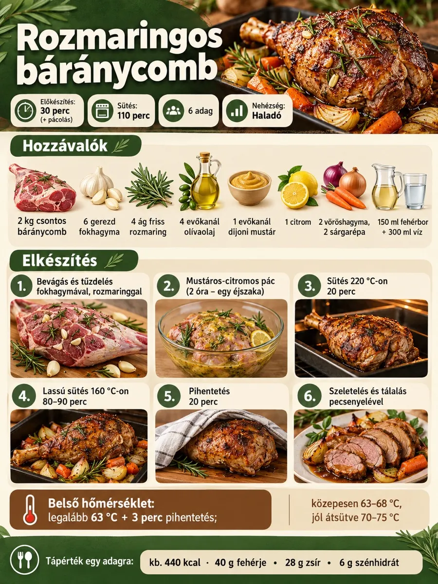 Rozmaringos báránycomb infografika a pácolásról, kétlépcsős sütésről, pihentetésről és a receptben megadott maghőmérsékletről.