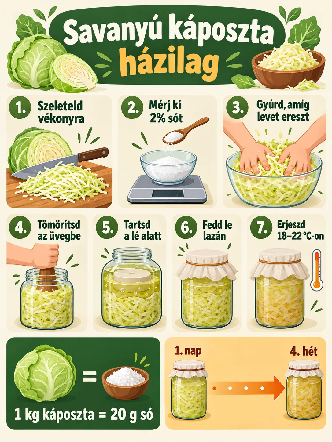 A házi savanyú káposzta készítésének hét lépését, a kétszázalékos sóarányt és a négyhetes erjesztési időt bemutató infografika.