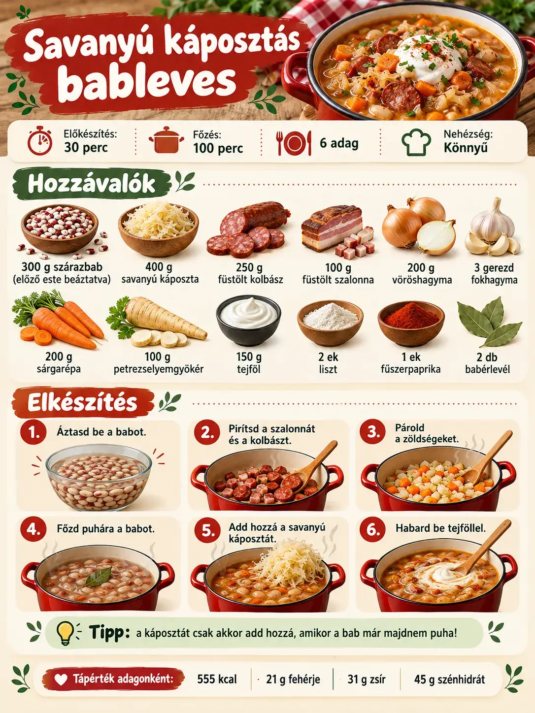 Savanyú káposztás bableves recept – hozzávalók, elkészítési lépések és adagonkénti tápérték.