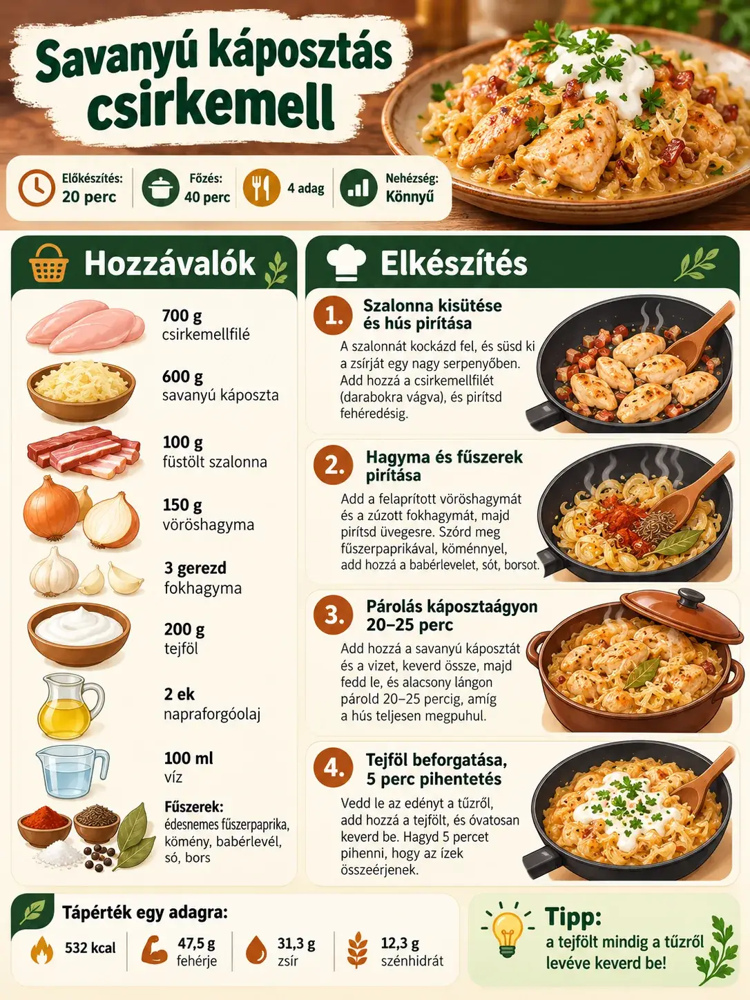 Savanyú káposztás csirkemell – hozzávalók, elkészítési lépések és adagonkénti tápérték.