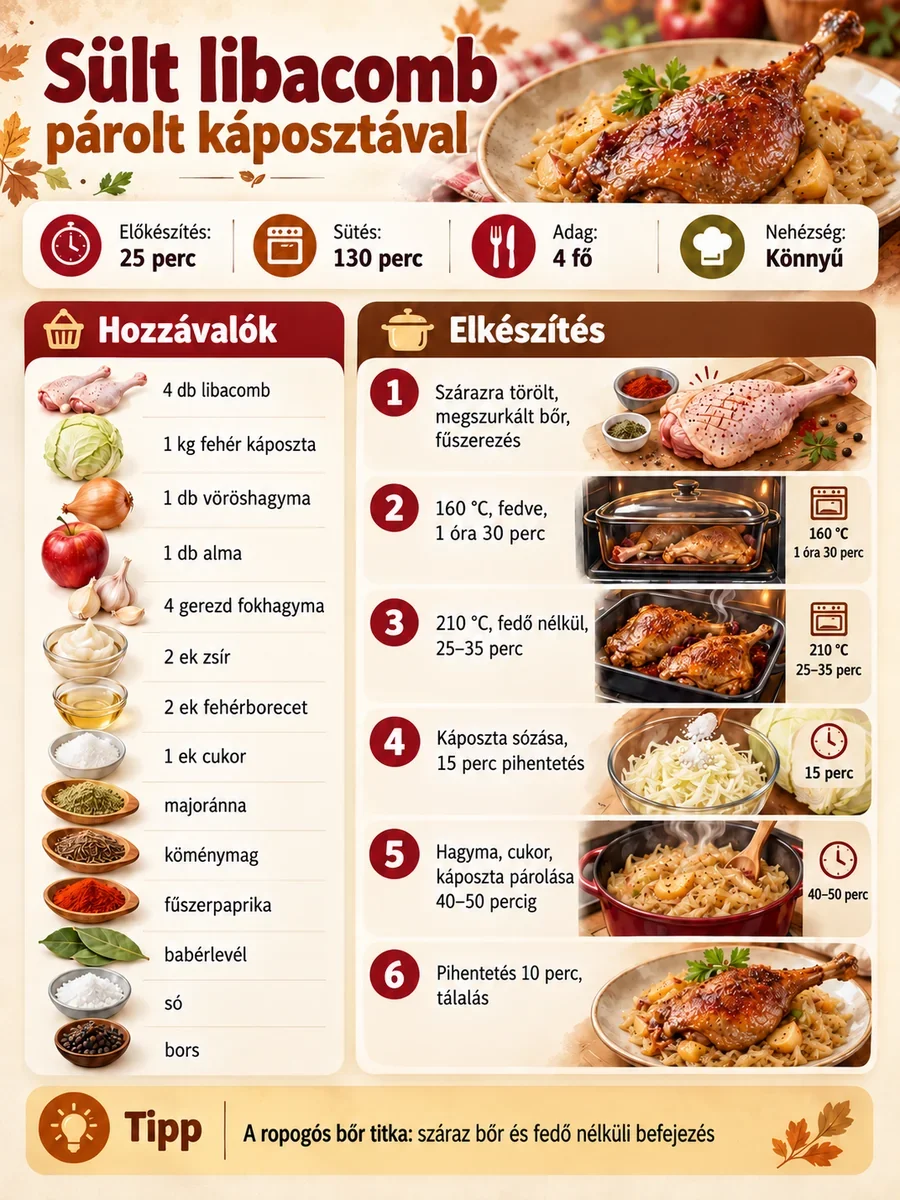 Sült libacomb párolt fehér káposztával infografika: hozzávalók, hat elkészítési lépés, 160 °C-os fedett és 210 °C-os fedő nélküli sütés, 4 adag.