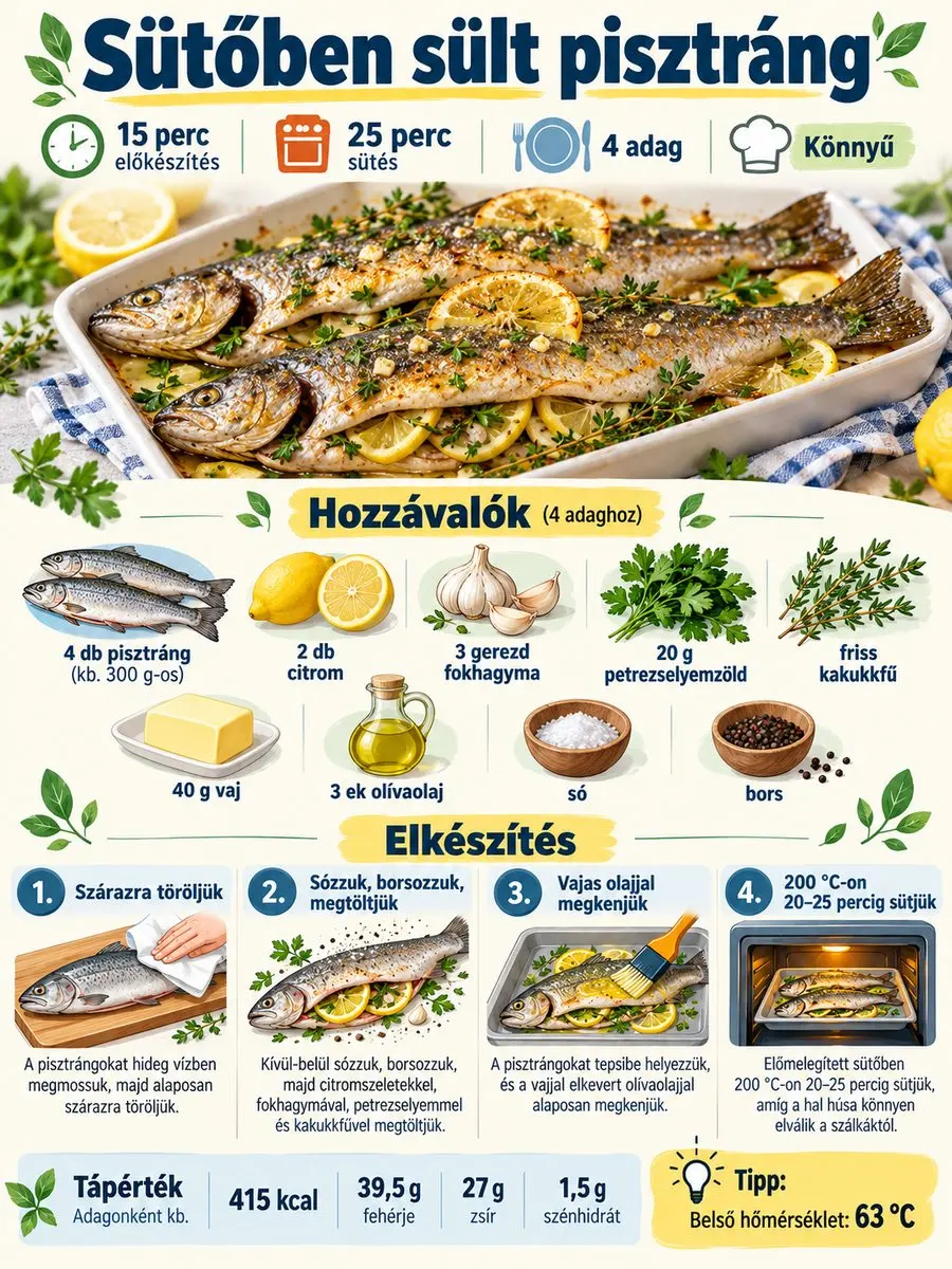 Sütőben sült pisztráng infografika 4 adagra: hozzávalók, 15 perc előkészítés, 25 perc sütés, négy elkészítési lépés és 63 °C-os célhőmérséklet.