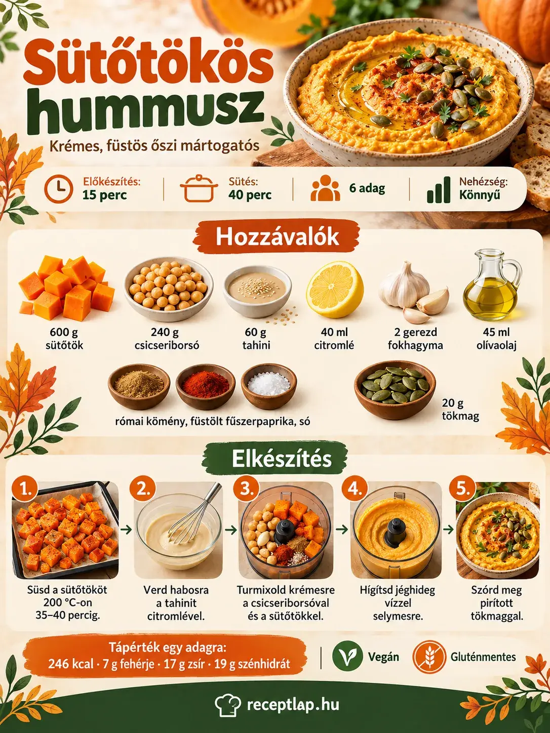 Sütőtökös hummusz – krémes, füstös őszi mártogatós – hozzávalók, elkészítési lépések és adagonkénti tápérték.