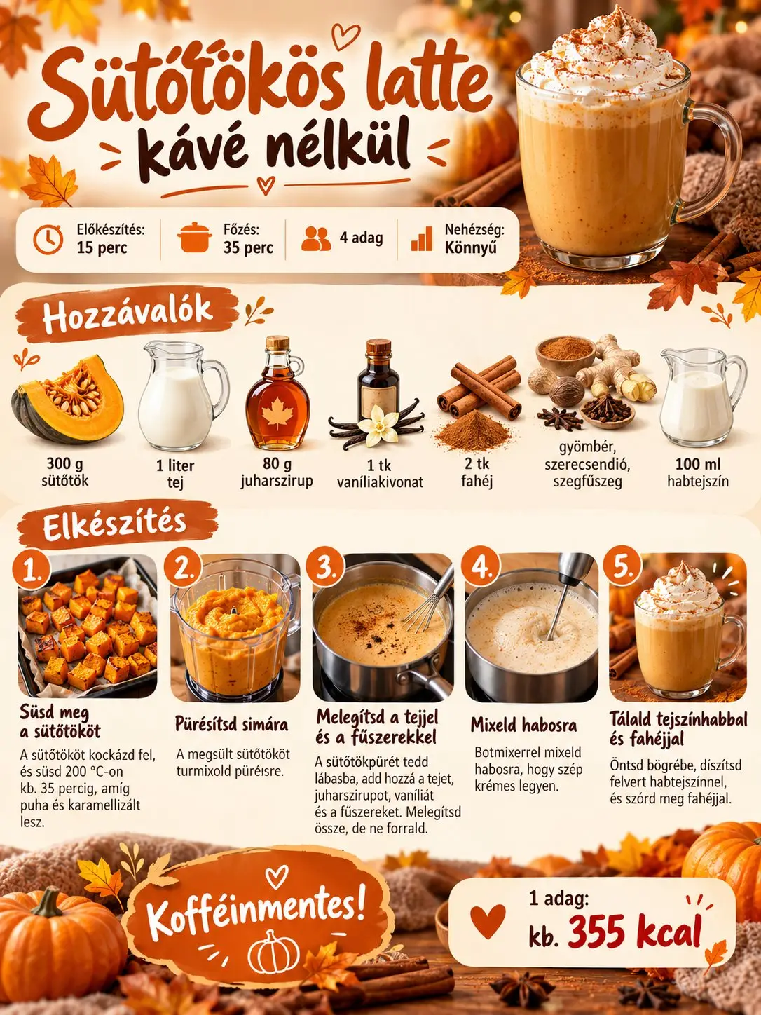 Sütőtökös latte kávé nélkül receptinfografika a hozzávalókkal, az elkészítési lépésekkel, időigénnyel és adagonkénti tápértékkel.