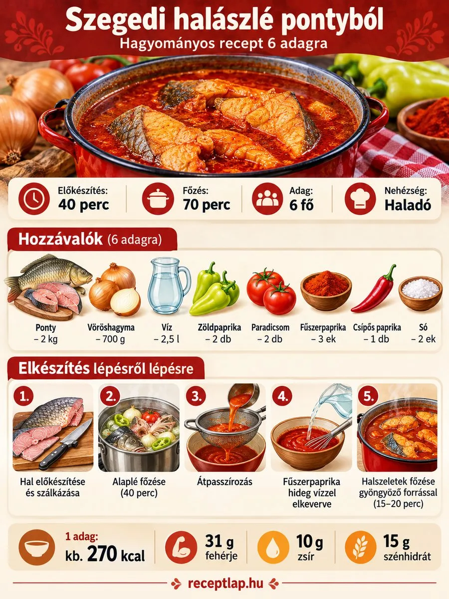 Szegedi halászlé pontyból receptinfografika 6 adagra: nyolc hozzávaló, öt elkészítési lépés, 40 perc előkészítés és 70 perc főzés, adagonkénti tápértékkel.