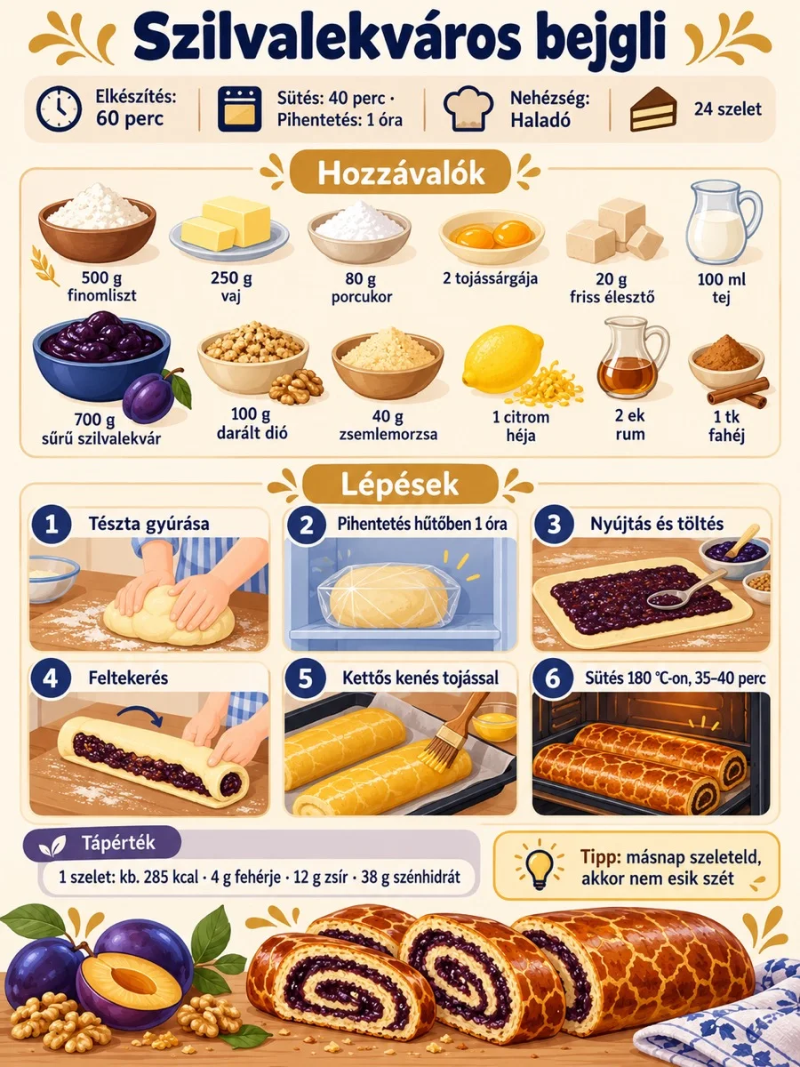 Szilvalekváros bejgli receptinfografika: hozzávalók, elkészítési lépések, előkészítési és sütési idő, valamint szeletenkénti tápérték.