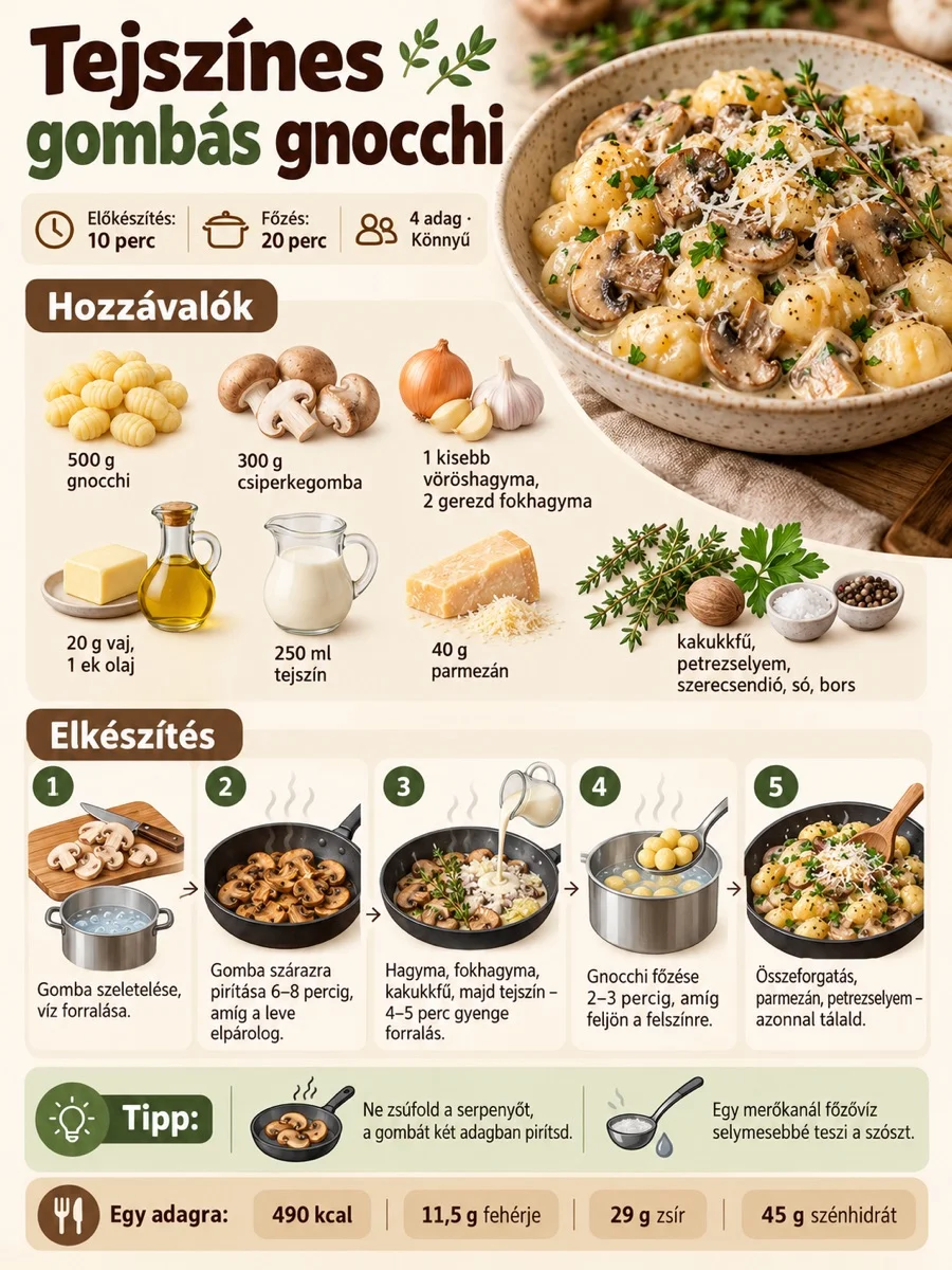 Tejszínes gombás gnocchi infografika hozzávalókkal, öt elkészítési lépéssel és a gomba pirítására vonatkozó tippekkel.