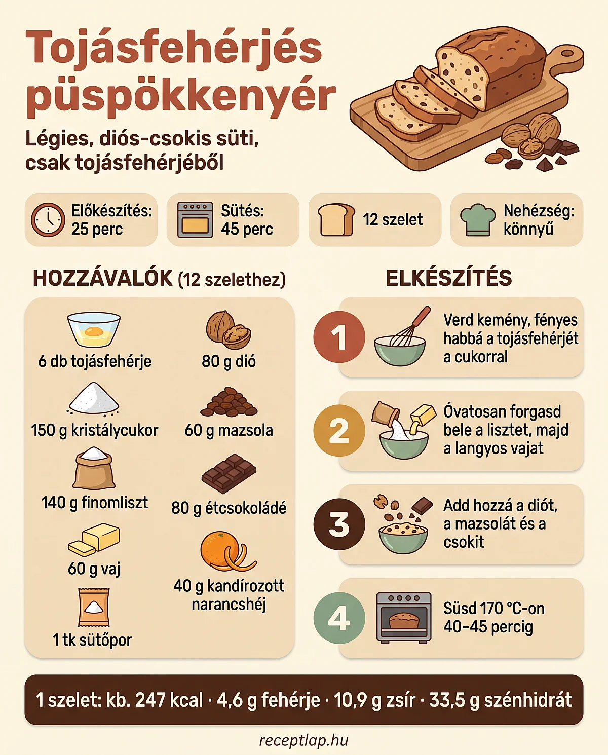 Infografika a tojásfehérjés püspökkenyér hozzávalóiról, négy elkészítési lépéséről, sütési idejéről és egy szelet tápértékéről.