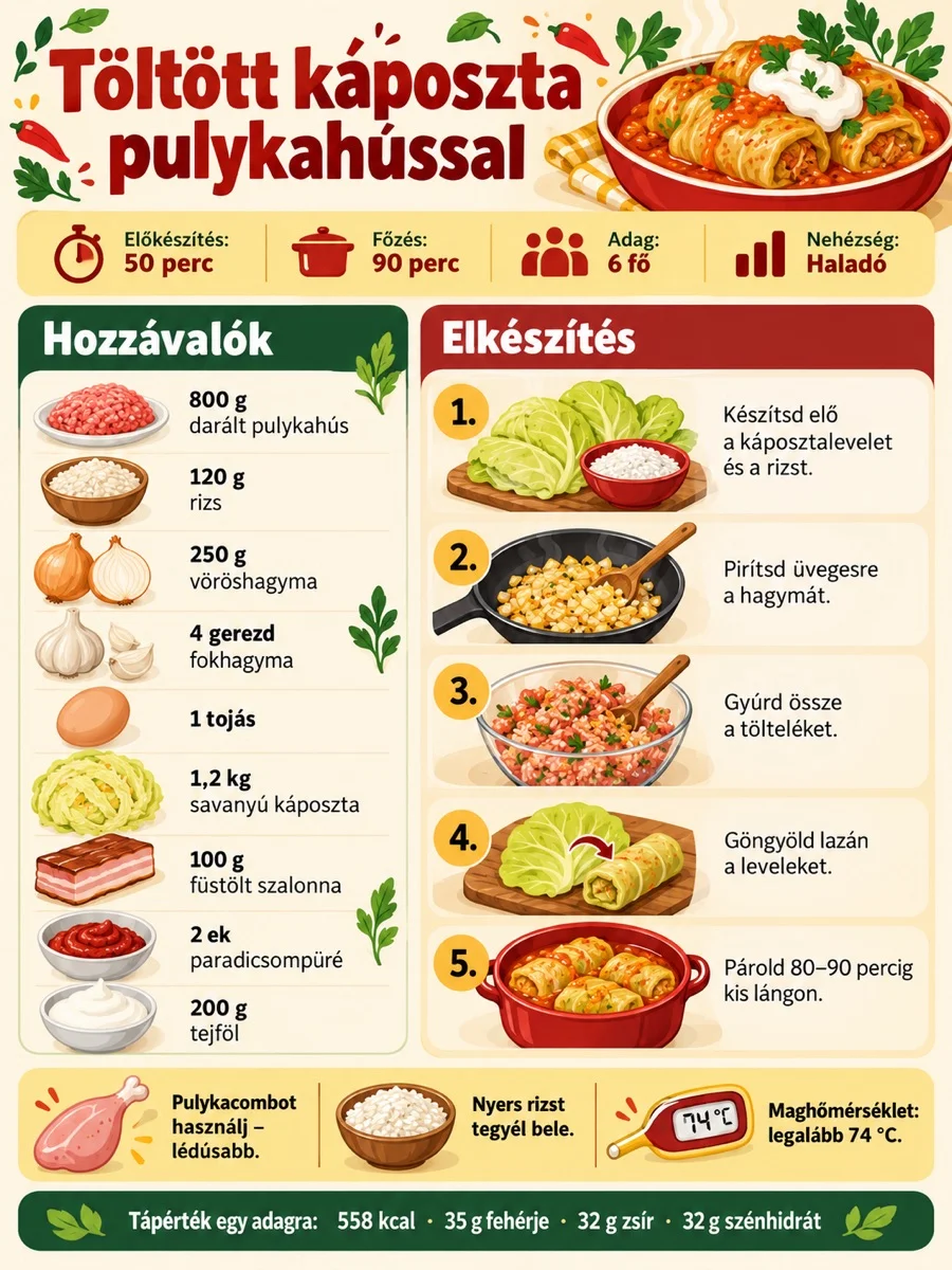 Töltött káposzta pulykahússal – hozzávalók és elkészítési lépések.