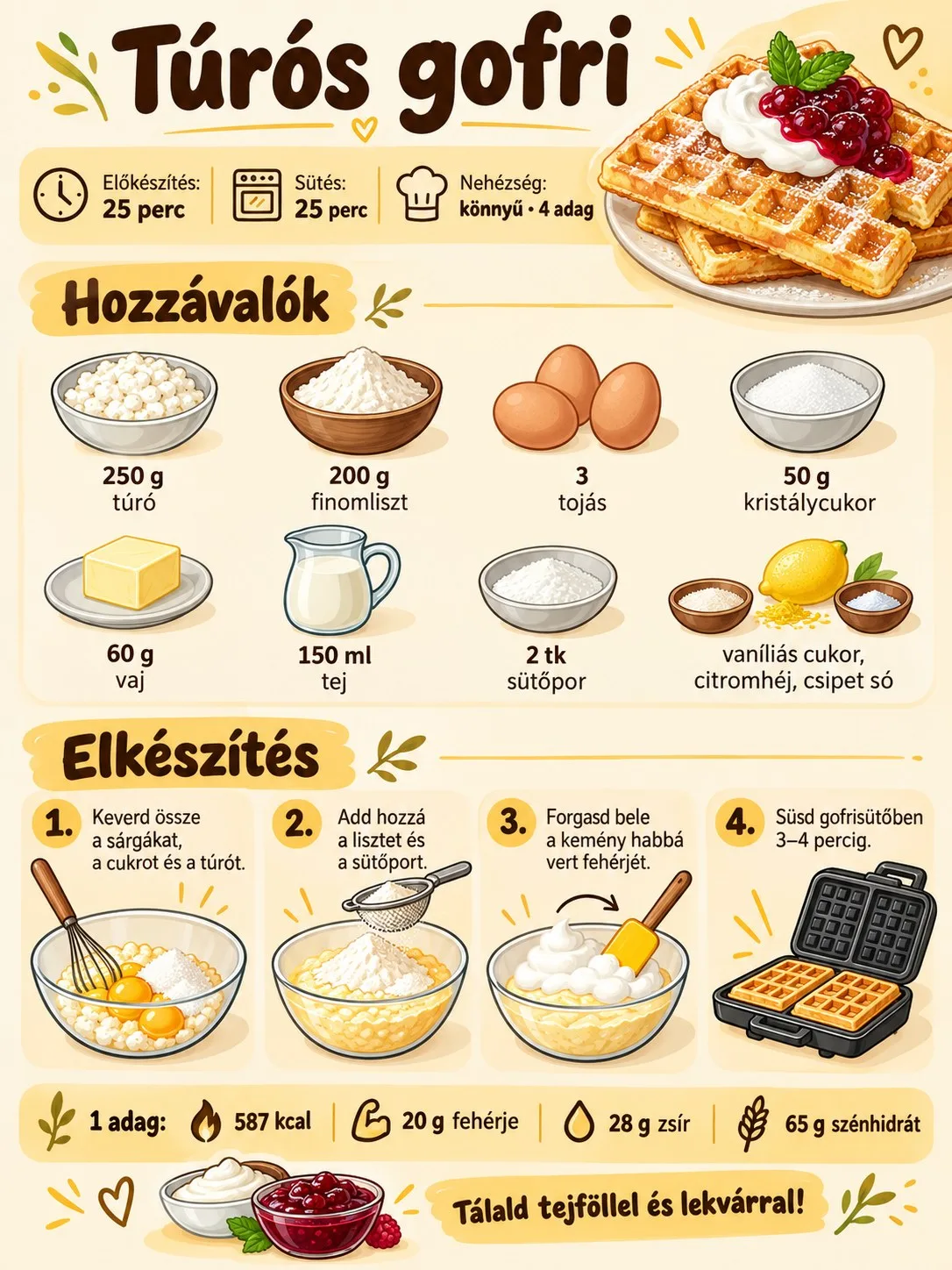 Túrós gofri receptinfografika a hozzávalókkal, négy elkészítési lépéssel, sütési idővel és adagonkénti tápértékkel.