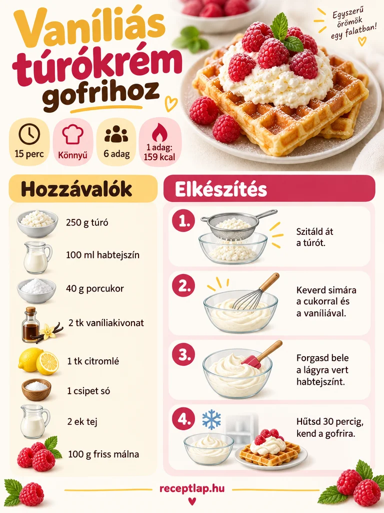 Vaníliás túrókrém gofrihoz receptinfografika a hozzávalókkal, négy elkészítési lépéssel, 15 perces elkészítési idővel és adagonkénti tápértékkel.