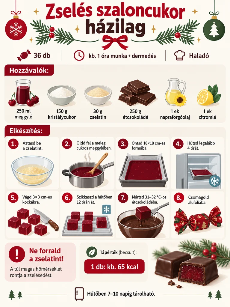 Infografika a házi zselés szaloncukor hozzávalóiról és elkészítésének lépéseiről: meggylé, cukor, zselatin, étcsokoládé, dermesztés, vágás, mártás.
