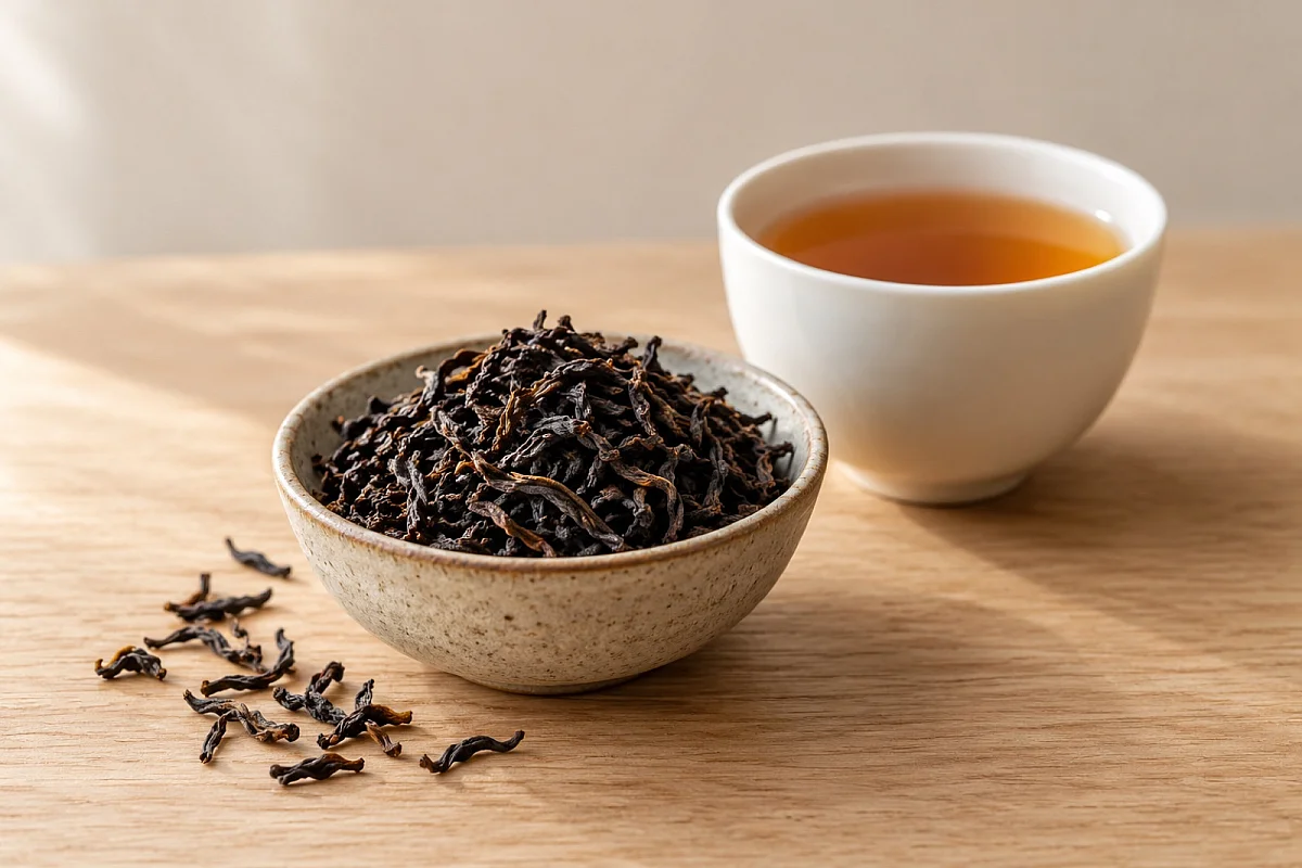 Szálas fekete tea kerámiatálban, mögötte egy csésze borostyánszínű tea.
