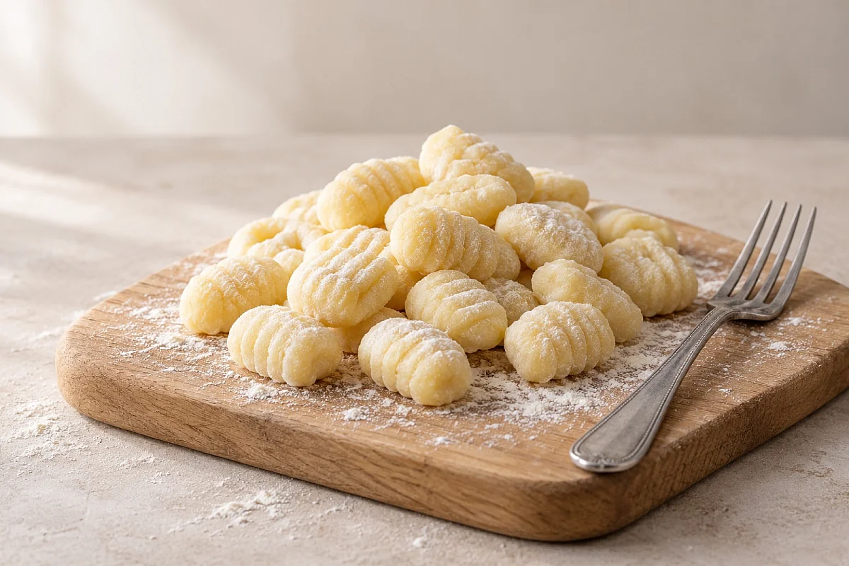 Friss, lisztezett burgonyás gnocchi fadeszkán, villával.