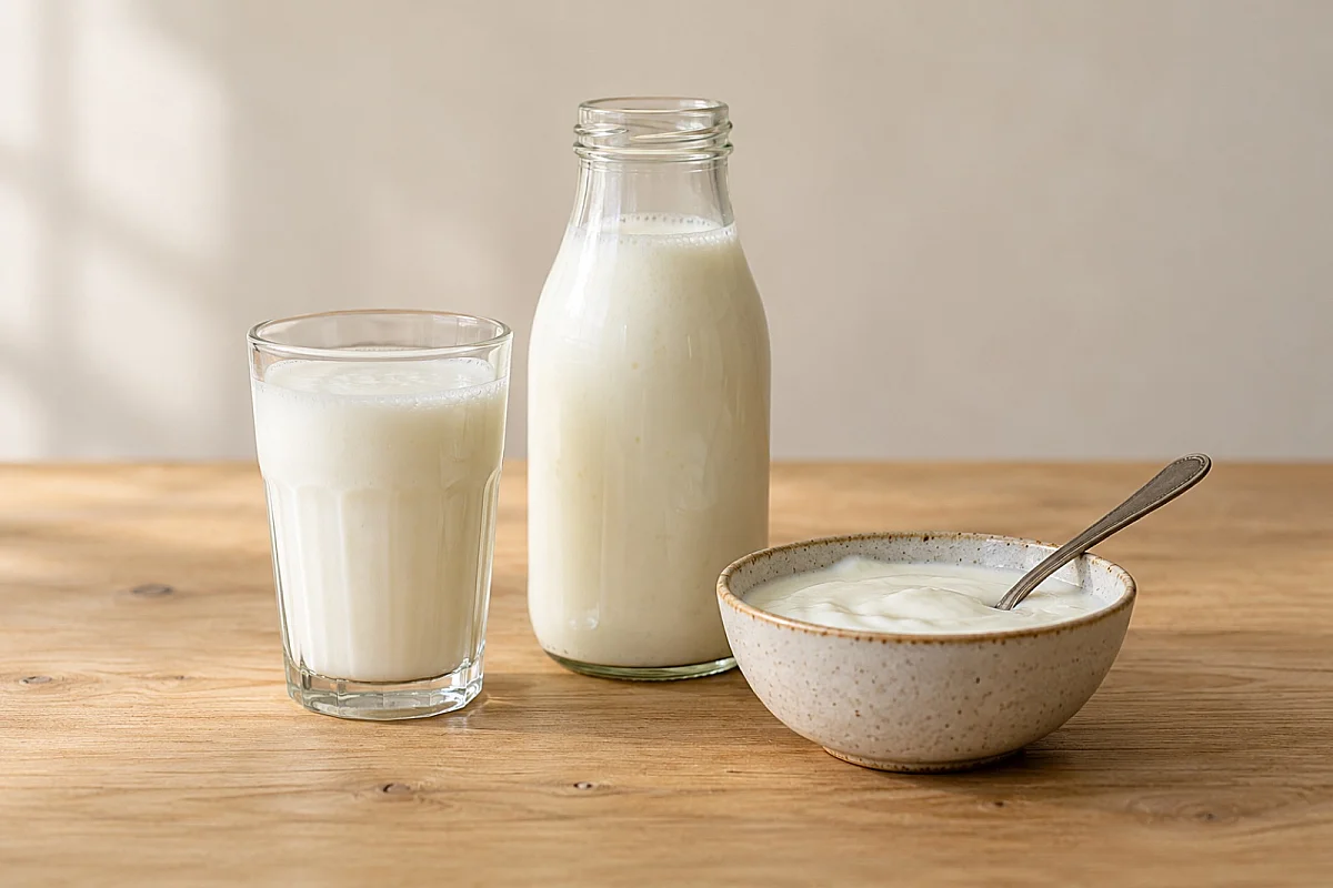 Fehér kefir üvegpalackban, pohárban és kis kerámiatálban.
