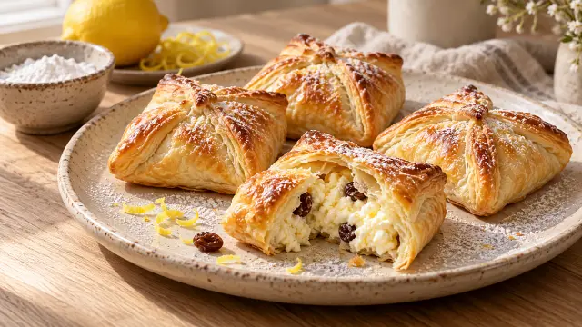 Aranybarna, leveles air fryer túrós batyuk citromos-vaníliás töltelékkel.