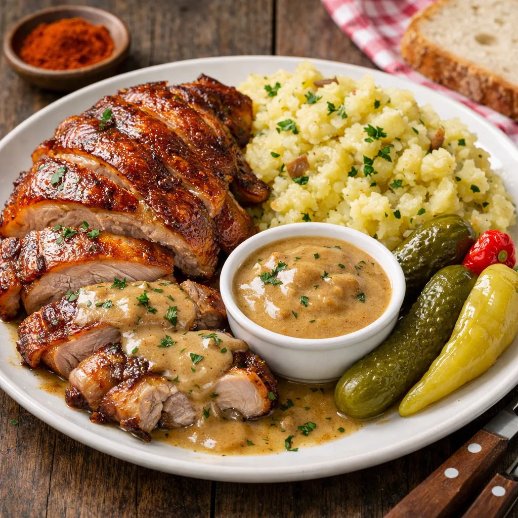 Fokhagymás sült csülök hagymás tört krumplival és tejfölös pecsenyeszósszal