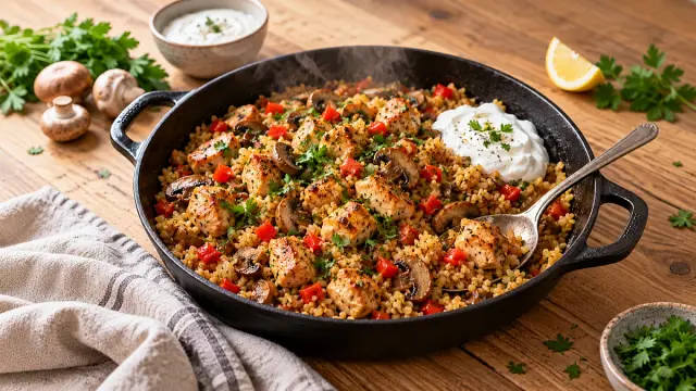 Gombás csirkés bulgur