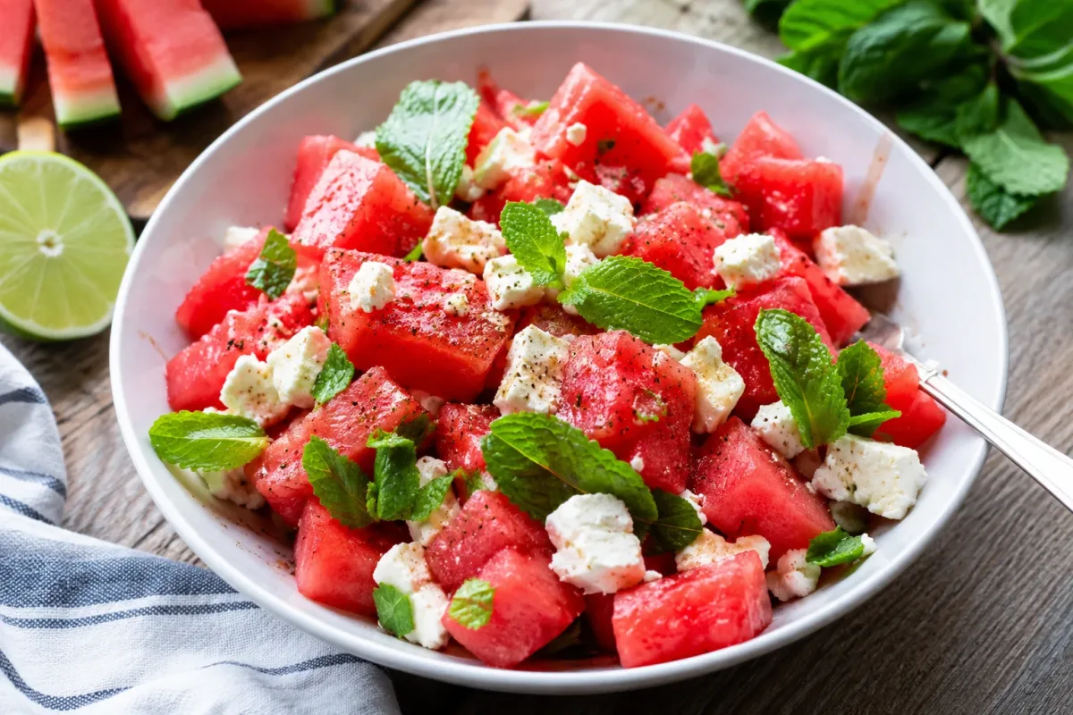 Görögdinnyés feta saláta mentával