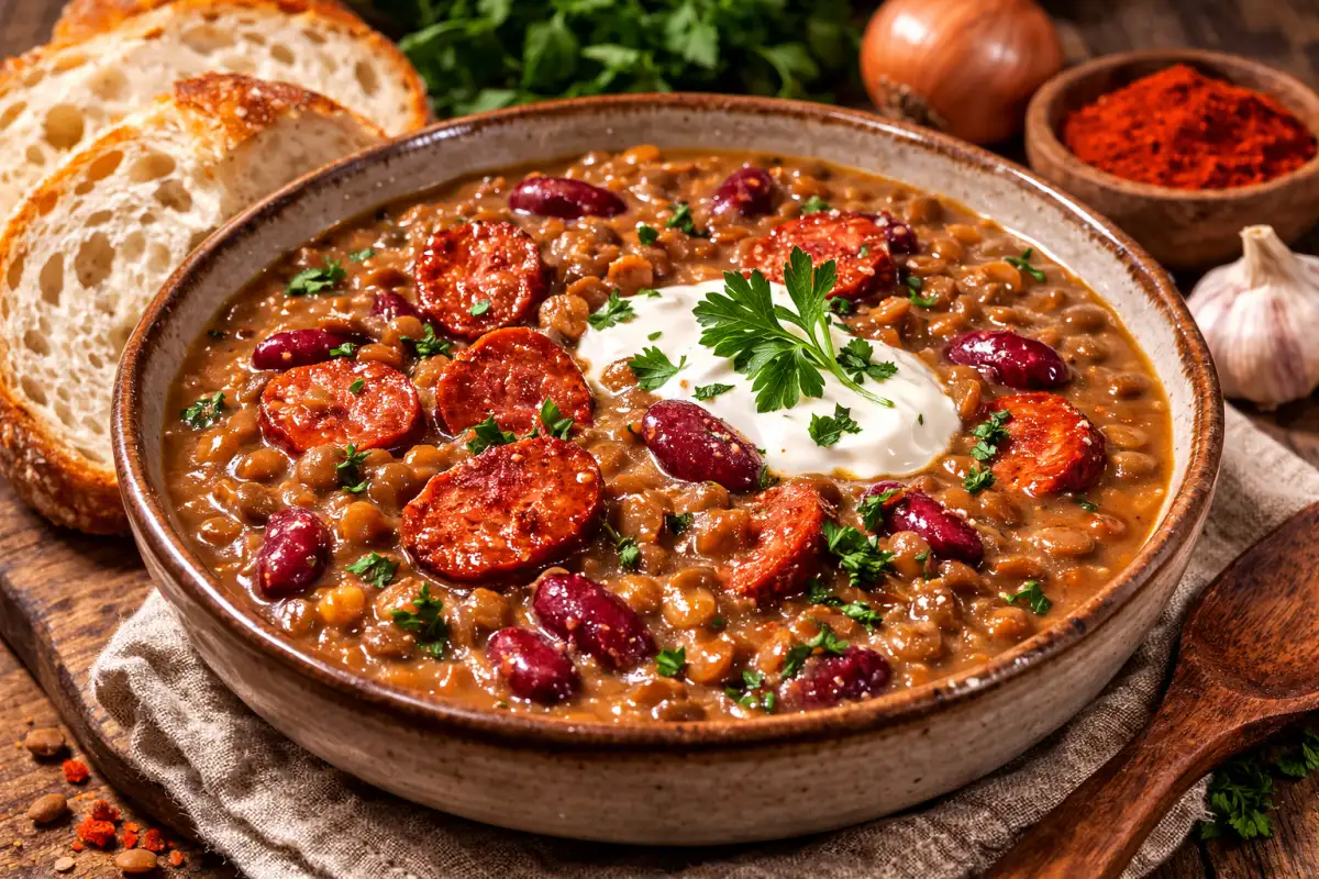 Hagyományos magyaros lencsefőzelék vörösbabbal és kolbásszal