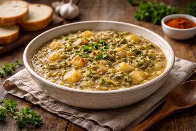 Házias kelkáposzta-főzelék fokhagymával és köménnyel