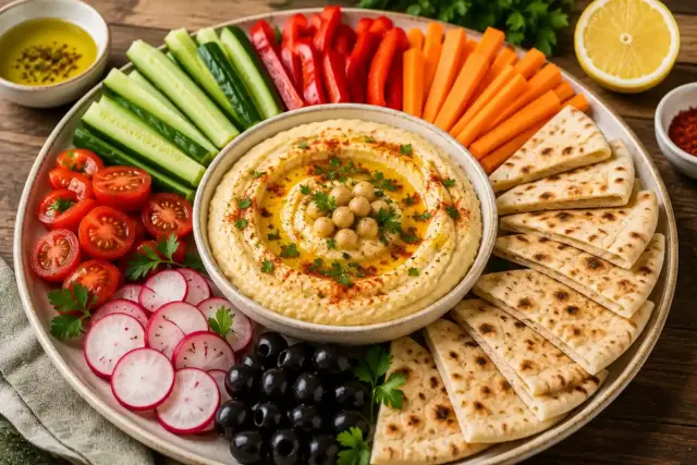 Hummuszos zöldségtál mezze módra