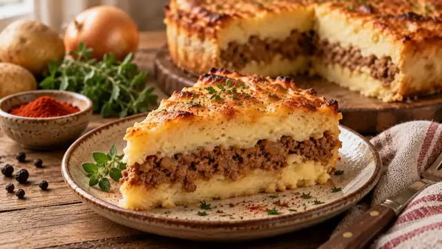 Húsos burgonyapüré-torta