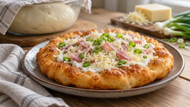 Hűtős kelt tésztából sült lángos tejföllel, reszelt sajttal, sonkával és újhagymával.