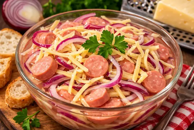 Klasszikus sajtos–hagymás virslisaláta ecetes lében