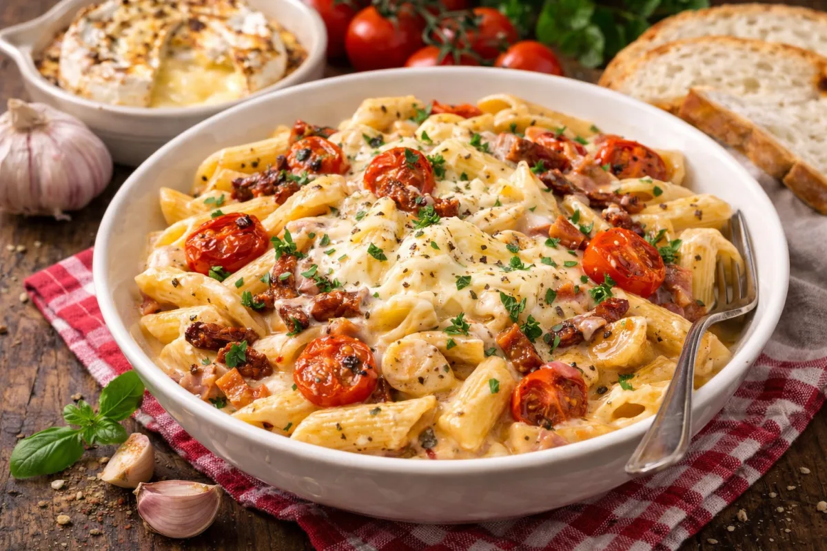 Krémes sült camembertes tészta sült paradicsommal és mediterrán fűszerekkel