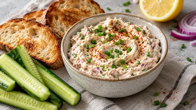 Krémsajtos tonhalkrém recept, frissen elkészítve és tálalva.