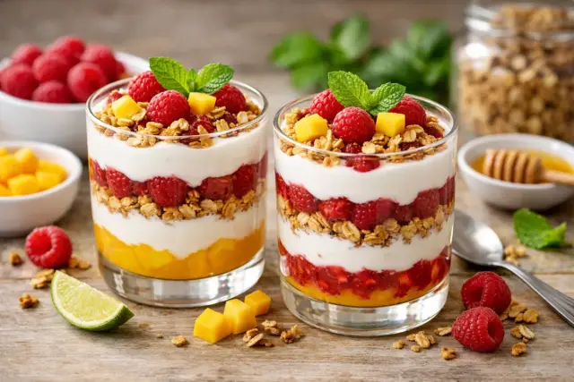 Málnás-mangós joghurt parfé